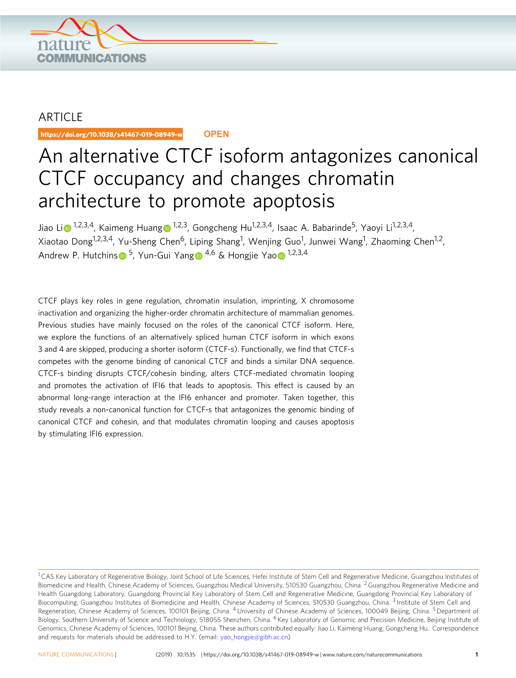 An Alternative CTCF Isoform Antagonizes Canonical CTCF Occupancy and Changes Chromatin Architecture to Promote Apoptosis