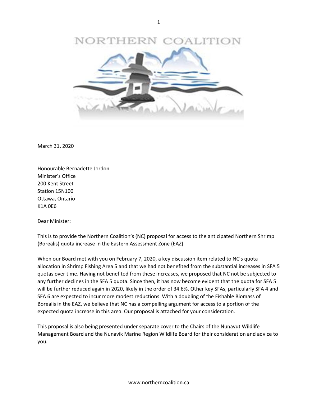 NC Submission Final Letter to Minister Jordan 2020 Joint Shrimp TAC