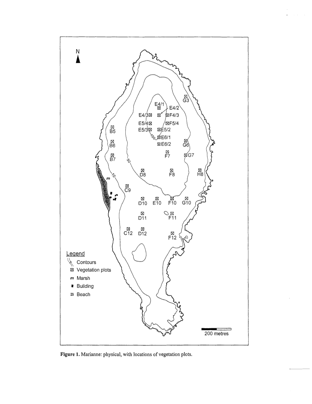 Figure 1. Marianne: Physical, with Locations of Vegetation Plots. MARIANNE