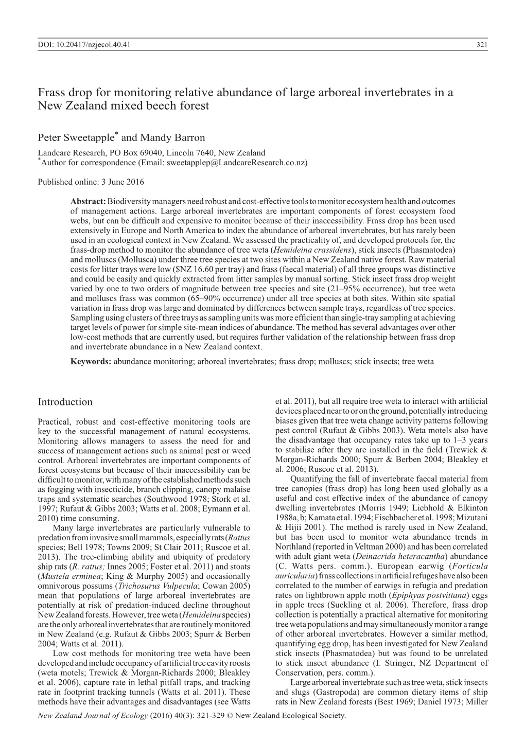 Frass Drop for Monitoring Relative Abundance of Large Arboreal Invertebrates in a New Zealand Mixed Beech Forest