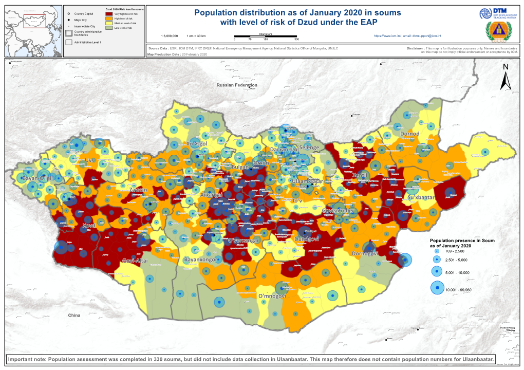 Population Distribution As of January 2020 in Soums with Level of Risk Of