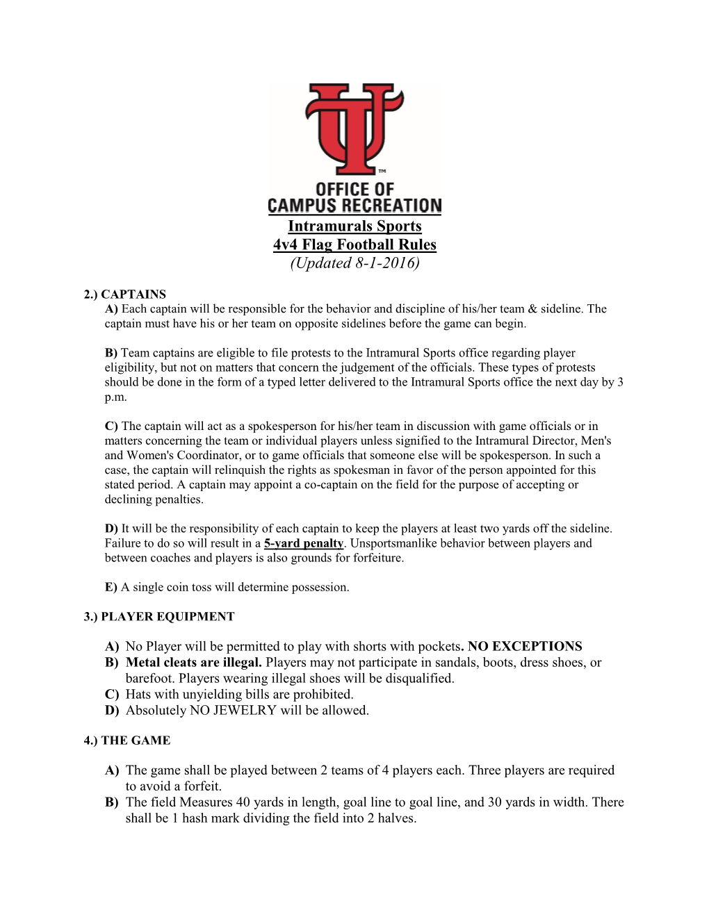 Intramurals Sports 4V4 Flag Football Rules (Updated 8-1-2016)