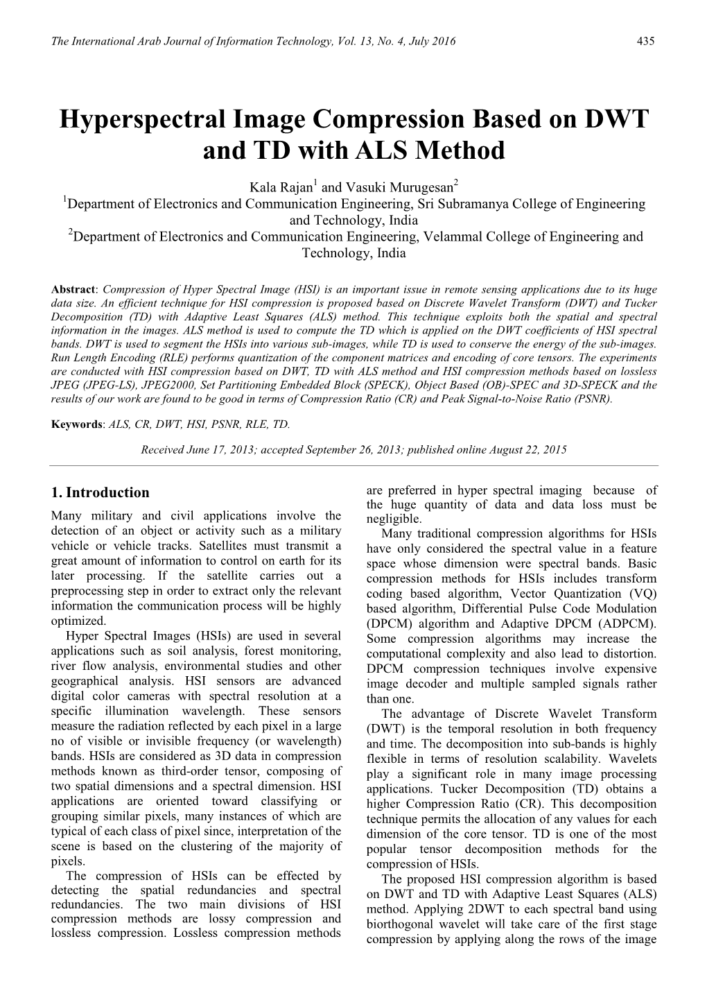 Hyperspectral Image Compression Based on DWT and TD with ALS Method