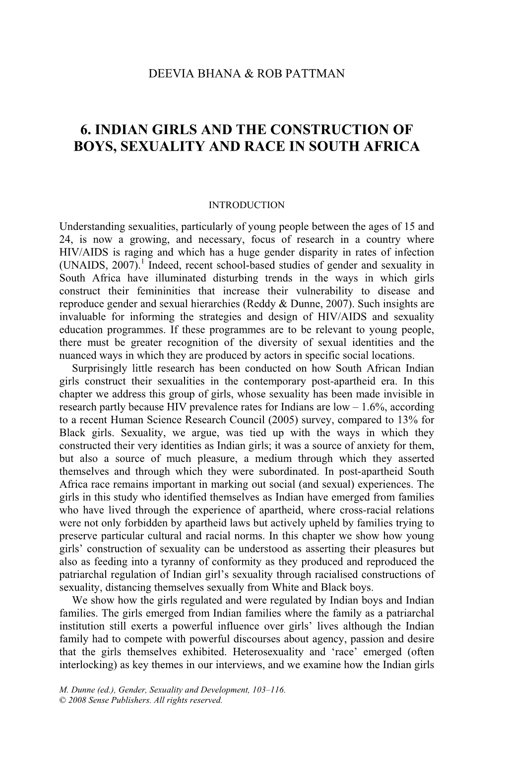 6. Indian Girls and the Construction of Boys, Sexuality and Race in South Africa