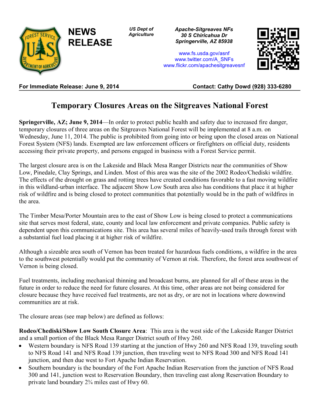 Temporary Closures Areas on the Sitgreaves National Forest