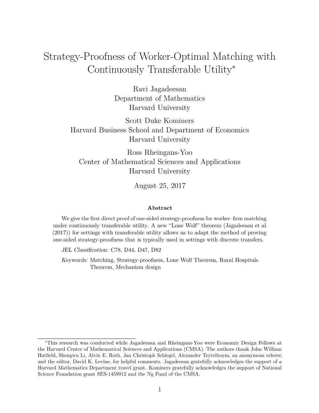 Strategy-Proofness of Worker-Optimal Matching with Continuously Transferable Utility∗