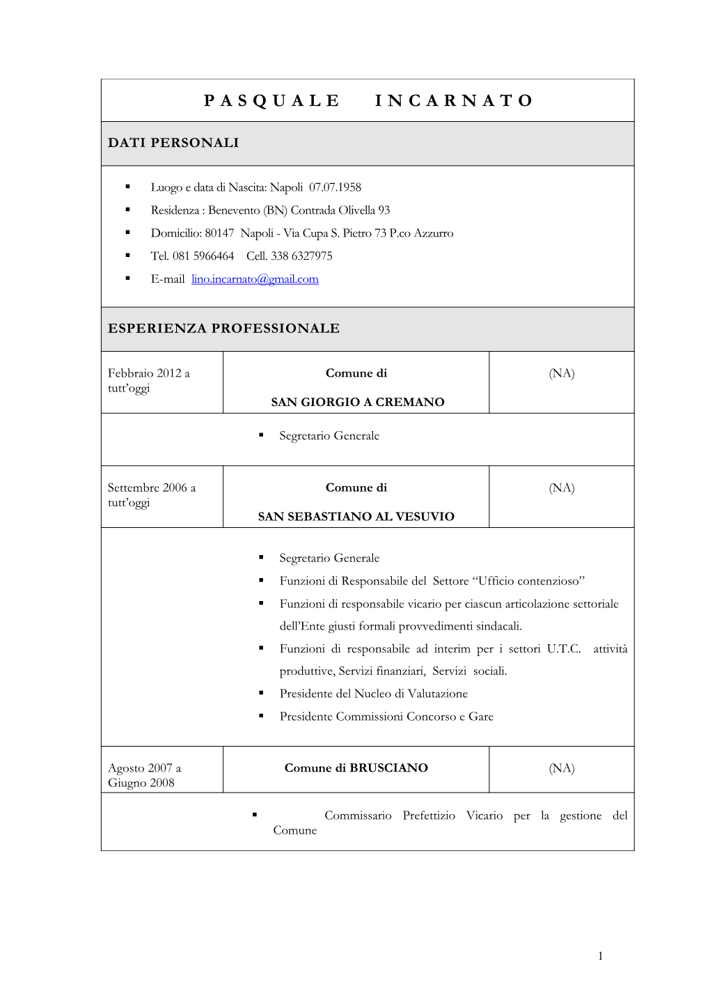 Curriculum Segretario Generale