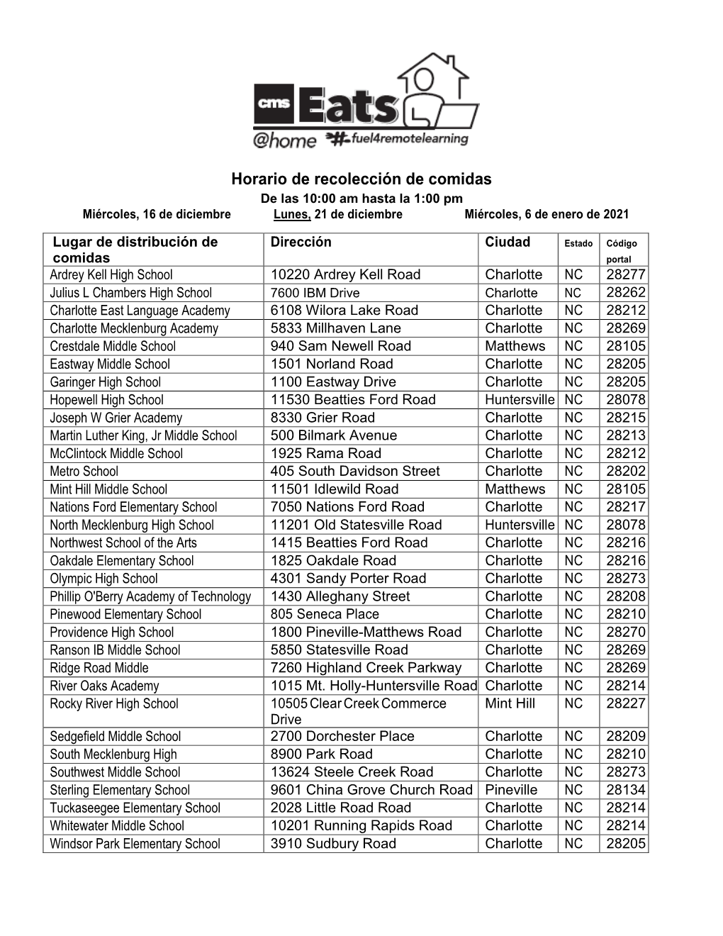 Horario De Recolección De Comidas De Las 10:00 Am Hasta La 1:00 Pm Miércoles, 16 De Diciembre Lunes, 21 De Diciembre Miércoles, 6 De Enero De 2021