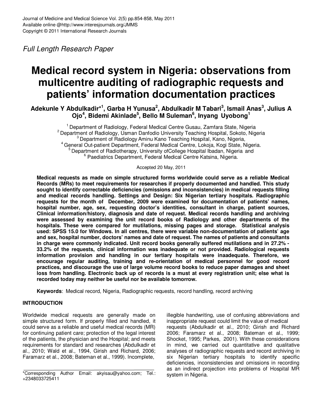 Medical Record System in Nigeria: Observations from Multicentre Auditing of Radiographic Requests and Patients' Information Do