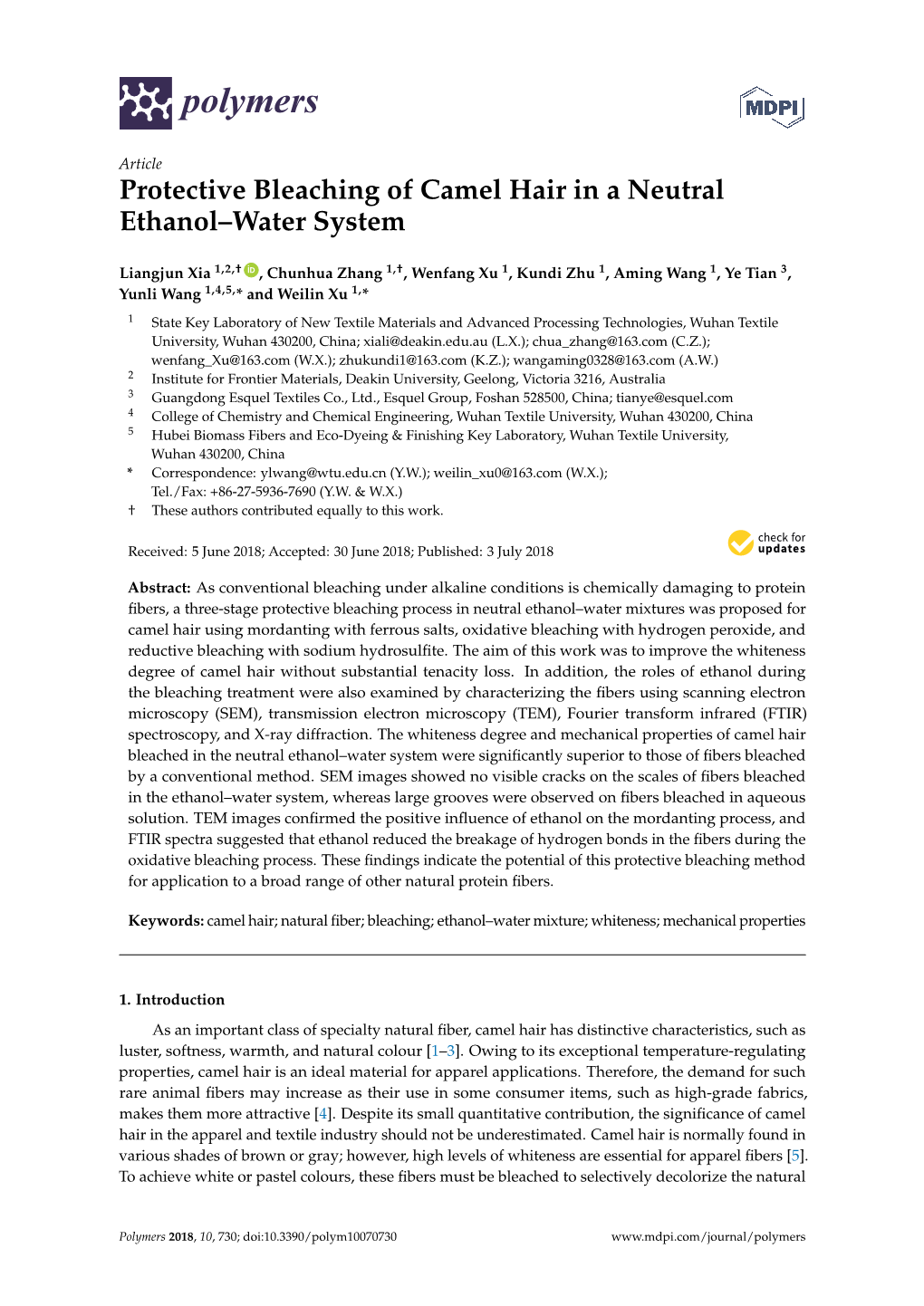 Protective Bleaching of Camel Hair in a Neutral Ethanol–Water System