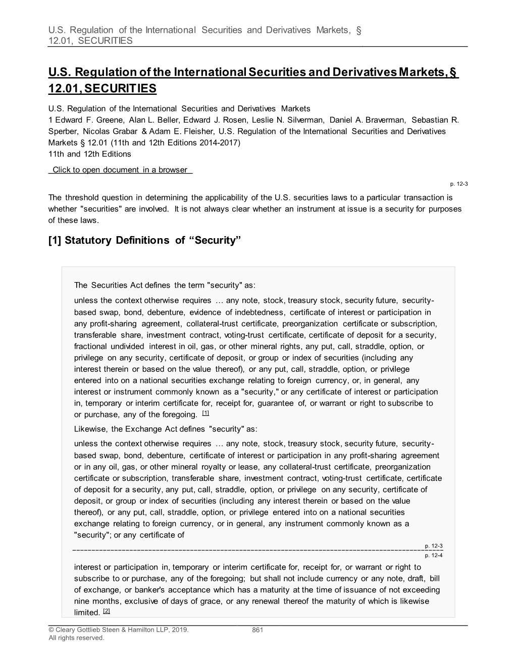 U.S. Regulation of the International Securities and Derivatives Markets, § 12.01, SECURITIES