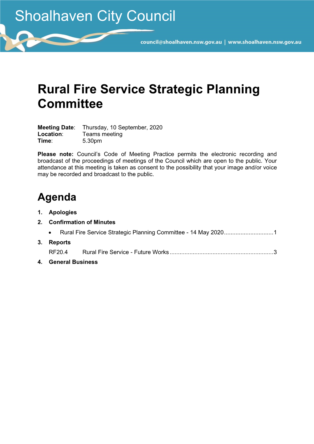 Agenda of Rural Fire Service Strategic Planning Committee