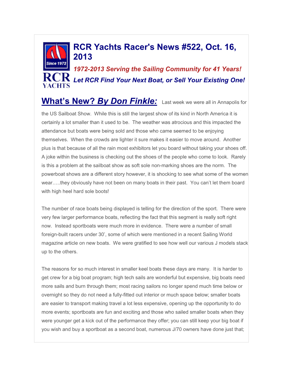 RCR Yachts Racer's News #522, Oct. 16, 2013 1972-2013 Serving the Sailing Community for 41 Years!