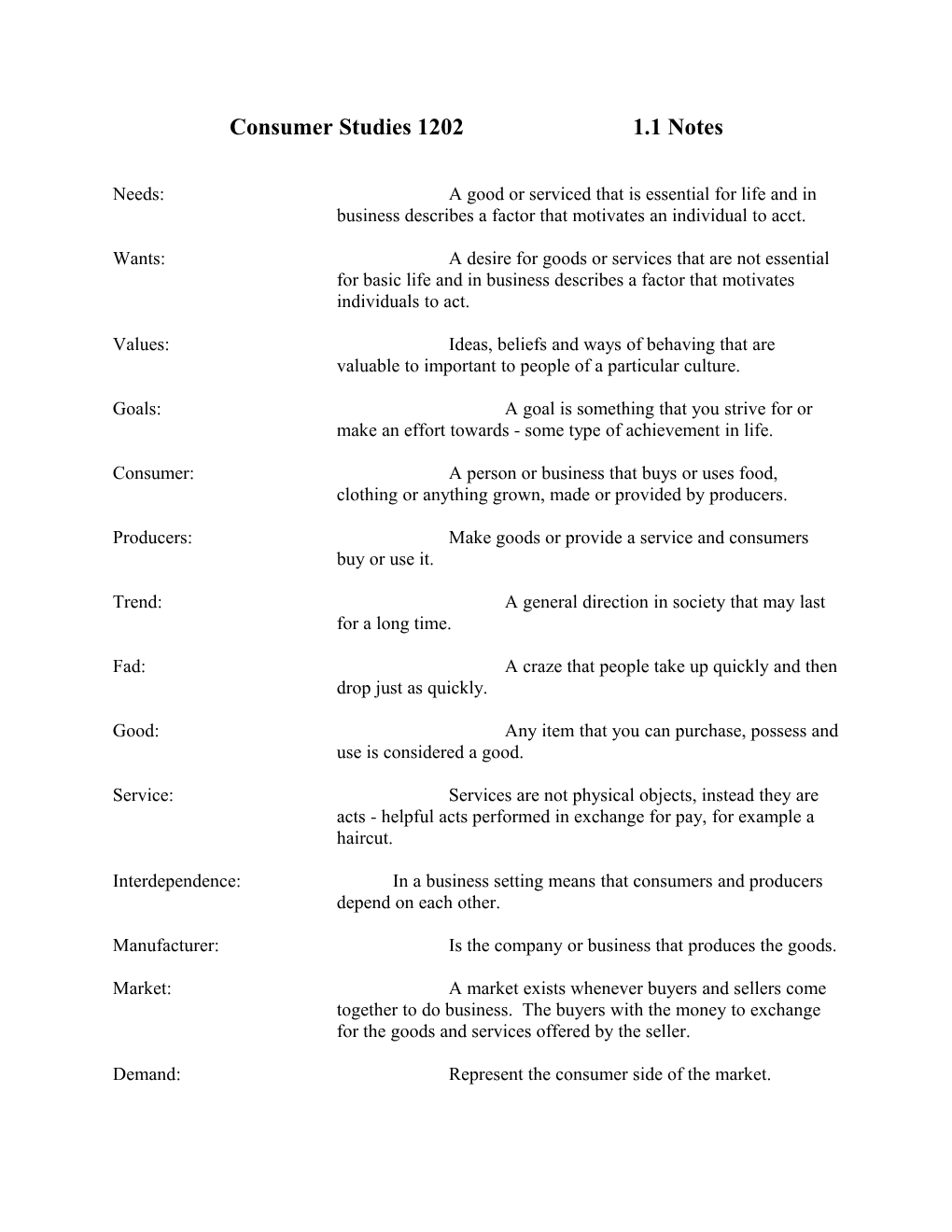 Consumer Studies 1202 1.1 Notes