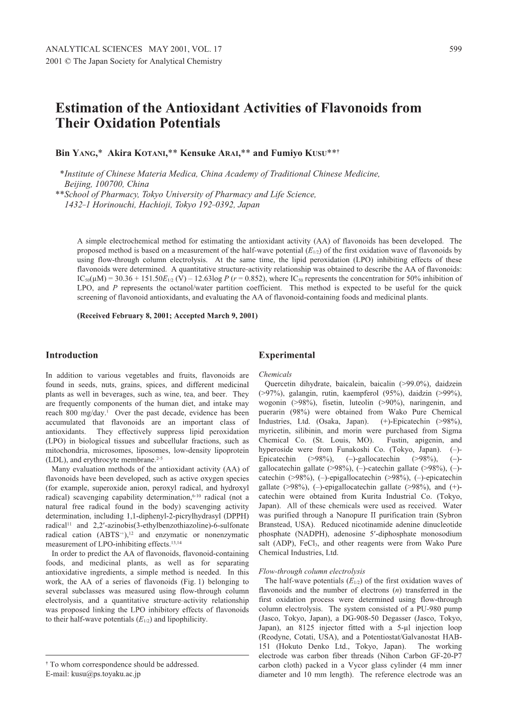 Estimation of the Antioxidant Activities of Flavonoids from Their Oxidation Potentials