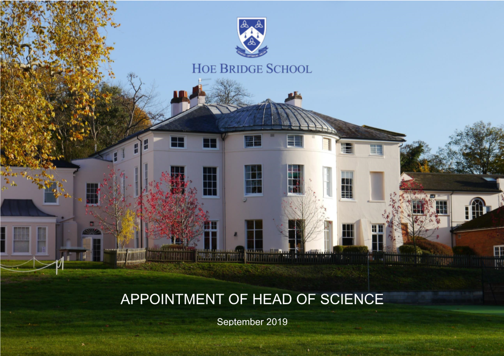 APPOINTMENT of HEAD of SCIENCE September 2019
