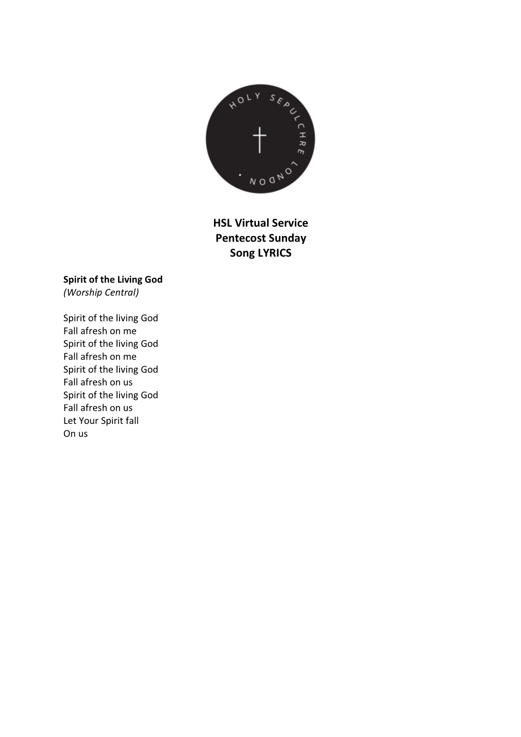 HSL Virtual Service Pentecost Sunday Song LYRICS