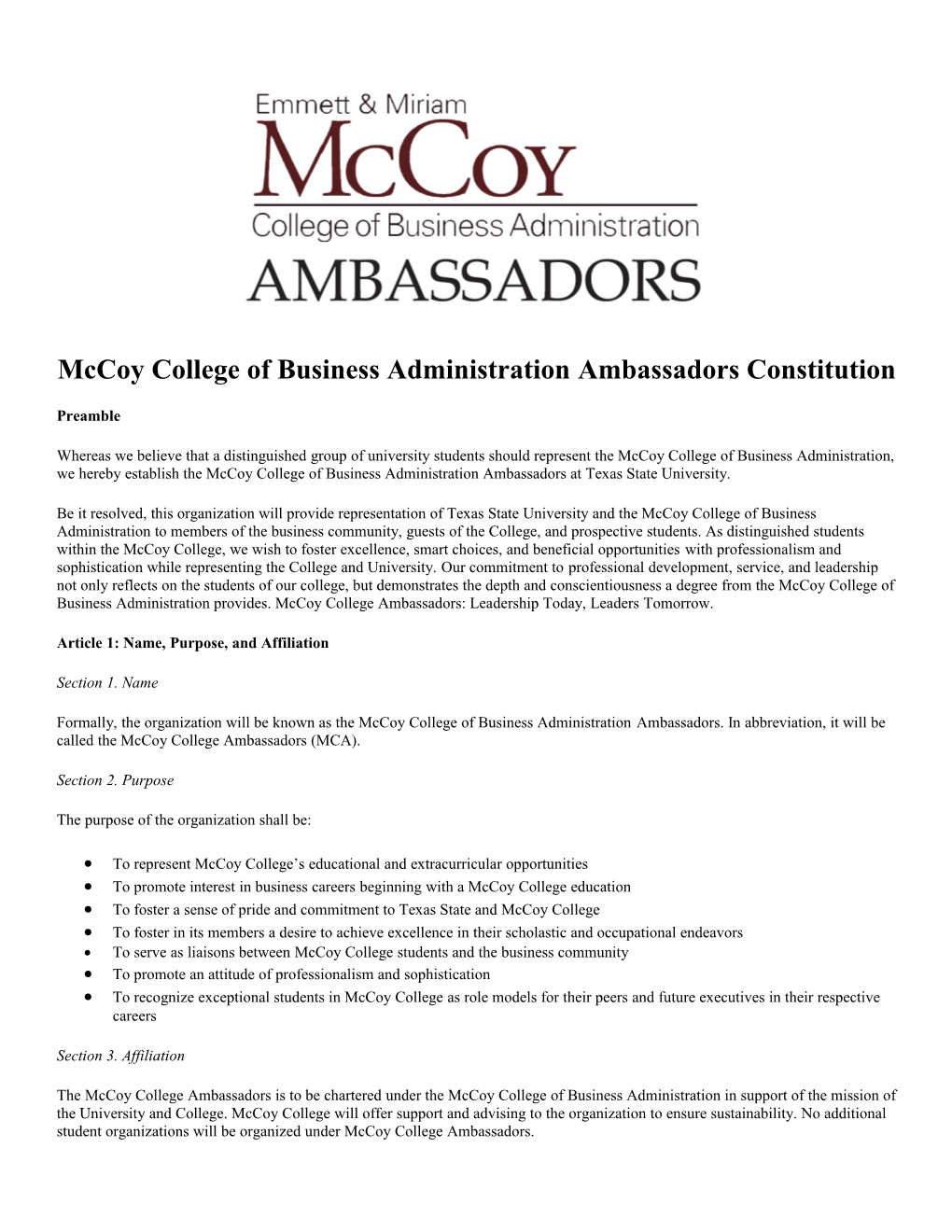 Mccoy College Ambassadors Constitution