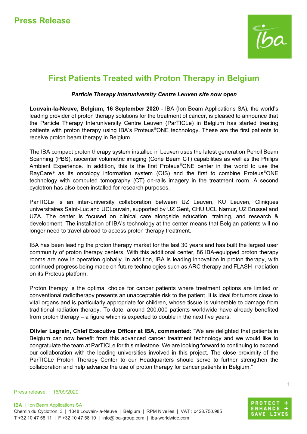 Press Release First Patients Treated with Proton Therapy in Belgium