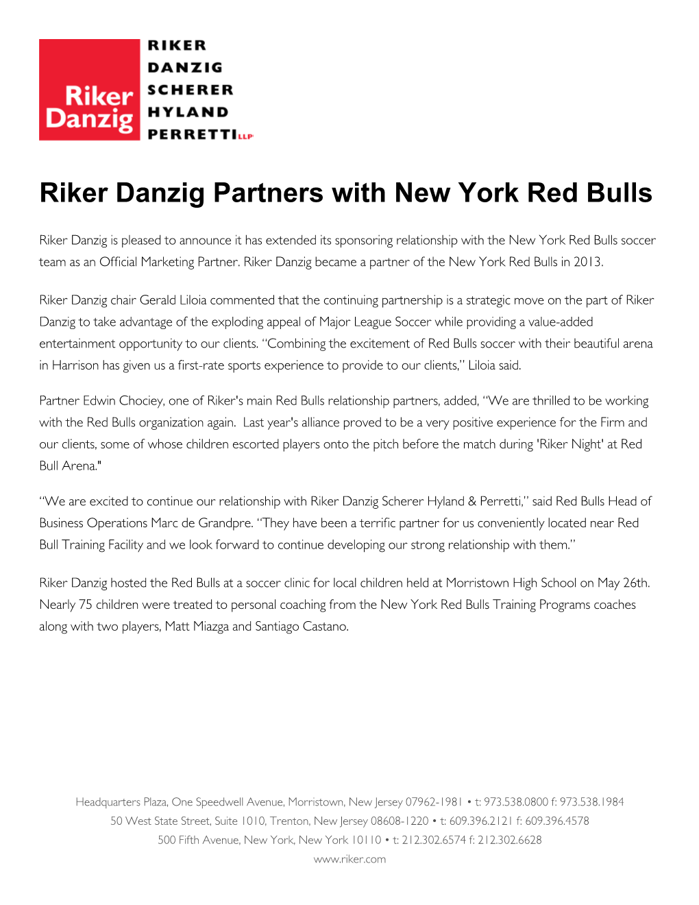 Riker Danzig Partners with New York Red Bulls