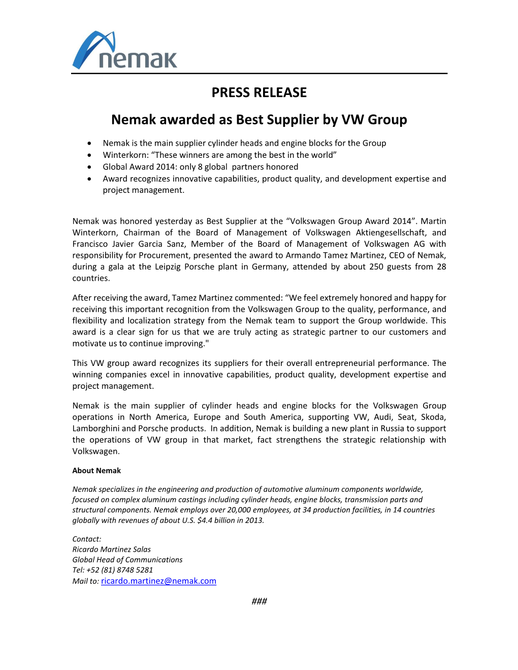 PRESS RELEASE Nemak Awarded As Best Supplier by VW Group
