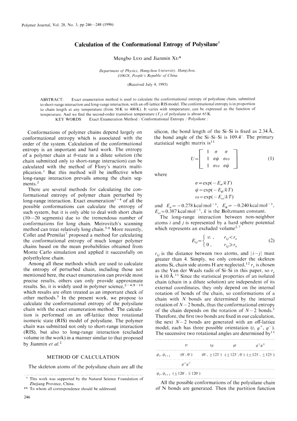 Calculation of the Conformational Entropy of Polysilane T