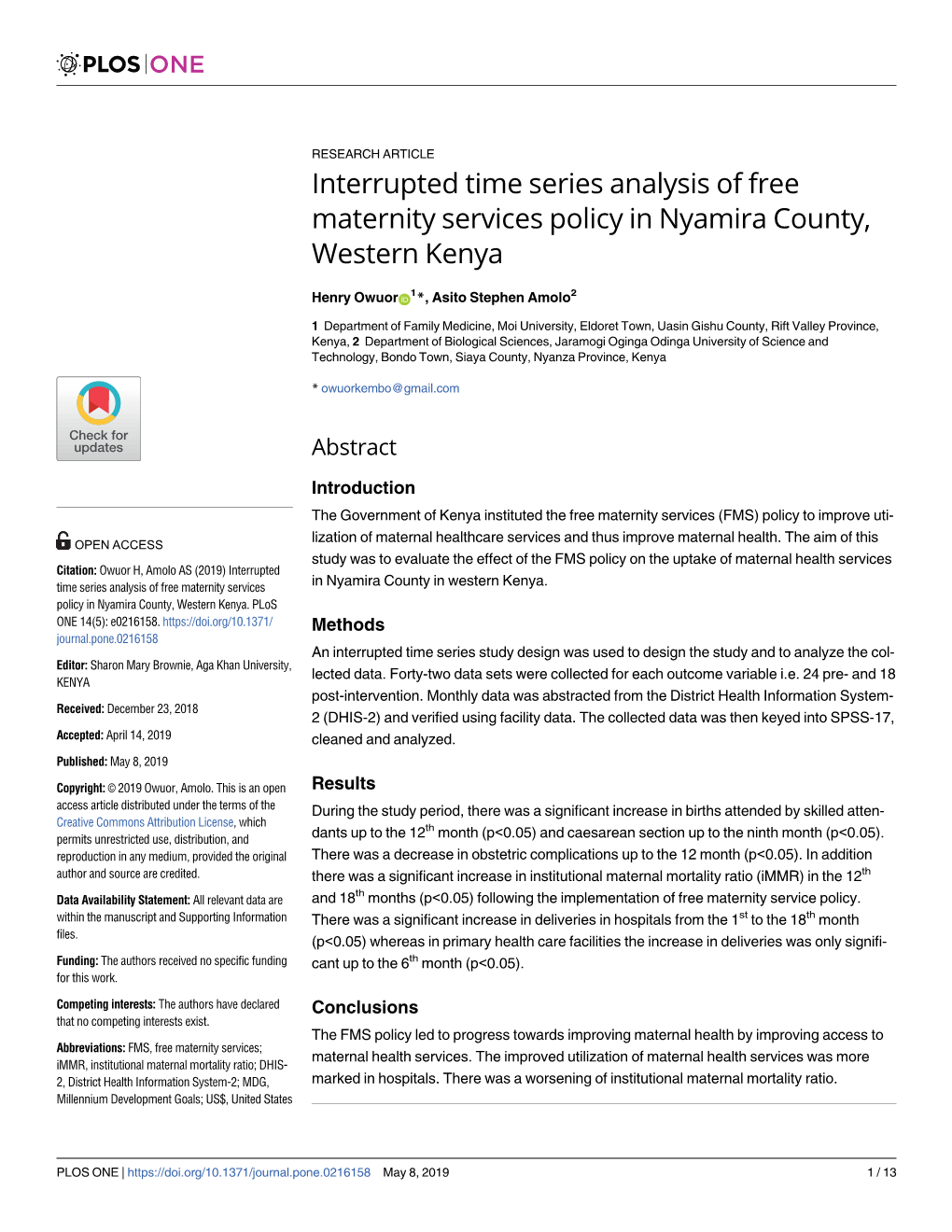 Interrupted Time Series Analysis of Free Maternity Services Policy in Nyamira County, Western Kenya