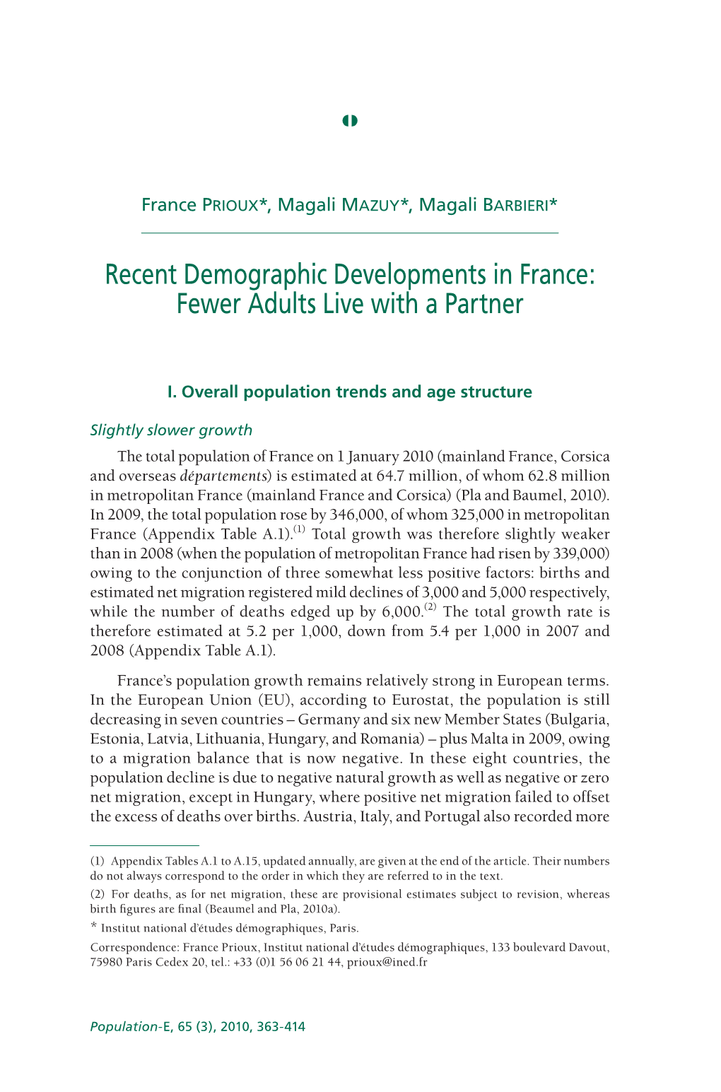 Recent Demographic Developments in France: Fewer Adults Live with a Partner