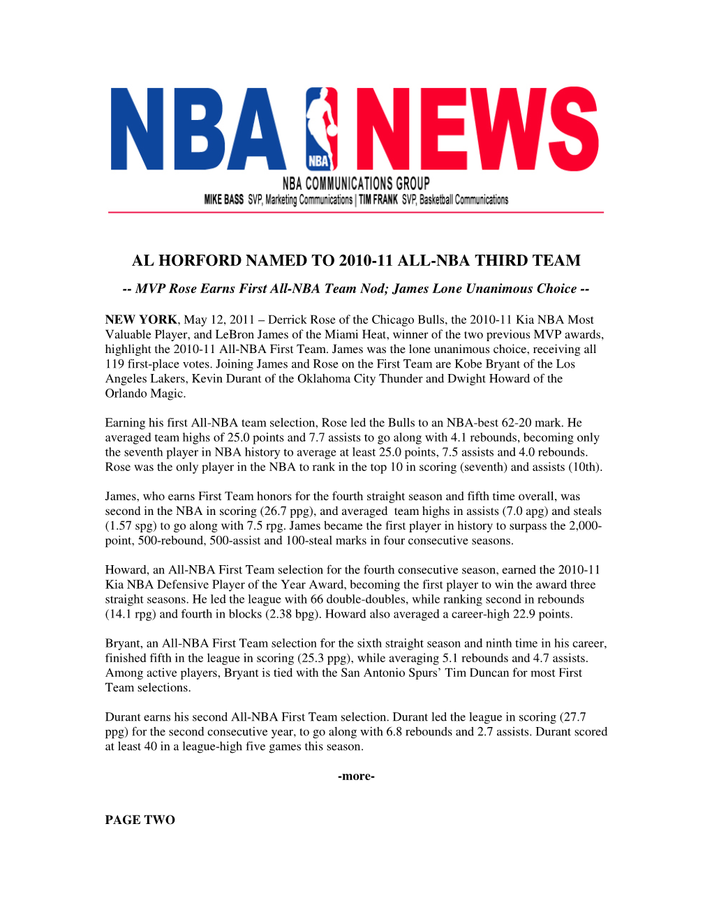 Al Horford Named to 2010-11 All-Nba Third Team