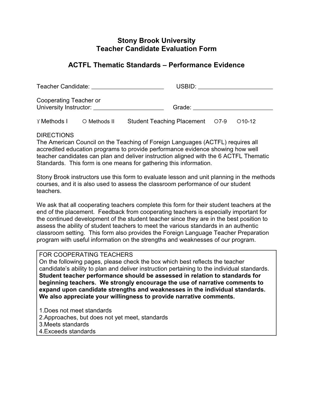 Student Teacher Evaluation Form