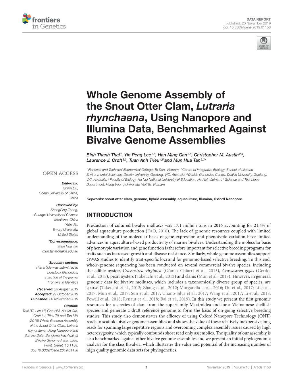 Whole Genome Assembly of the Snout Otter Clam, Lutraria Rhynchaena, Using Nanopore and Illumina Data, Benchmarked Against Bivalve Genome Assemblies