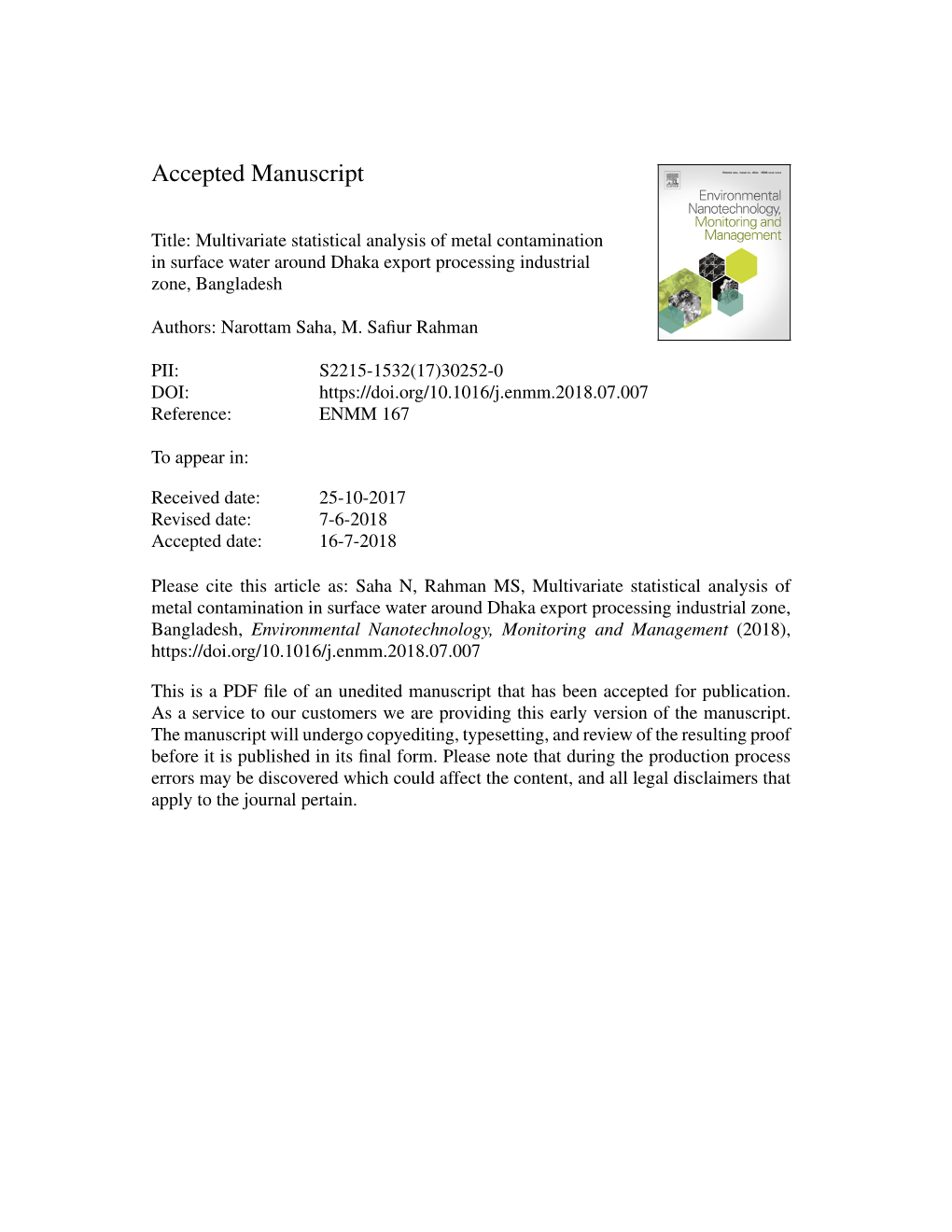 Multivariate Statistical Analysis of Metal Contamination in Surface Water Around Dhaka Export Processing Industrial Zone, Bangladesh