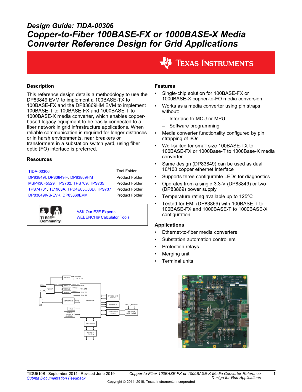 Copper-To-Fiber 100BASE-FX Or 1000BASE-X Media Converter Reference Design for Grid Applications