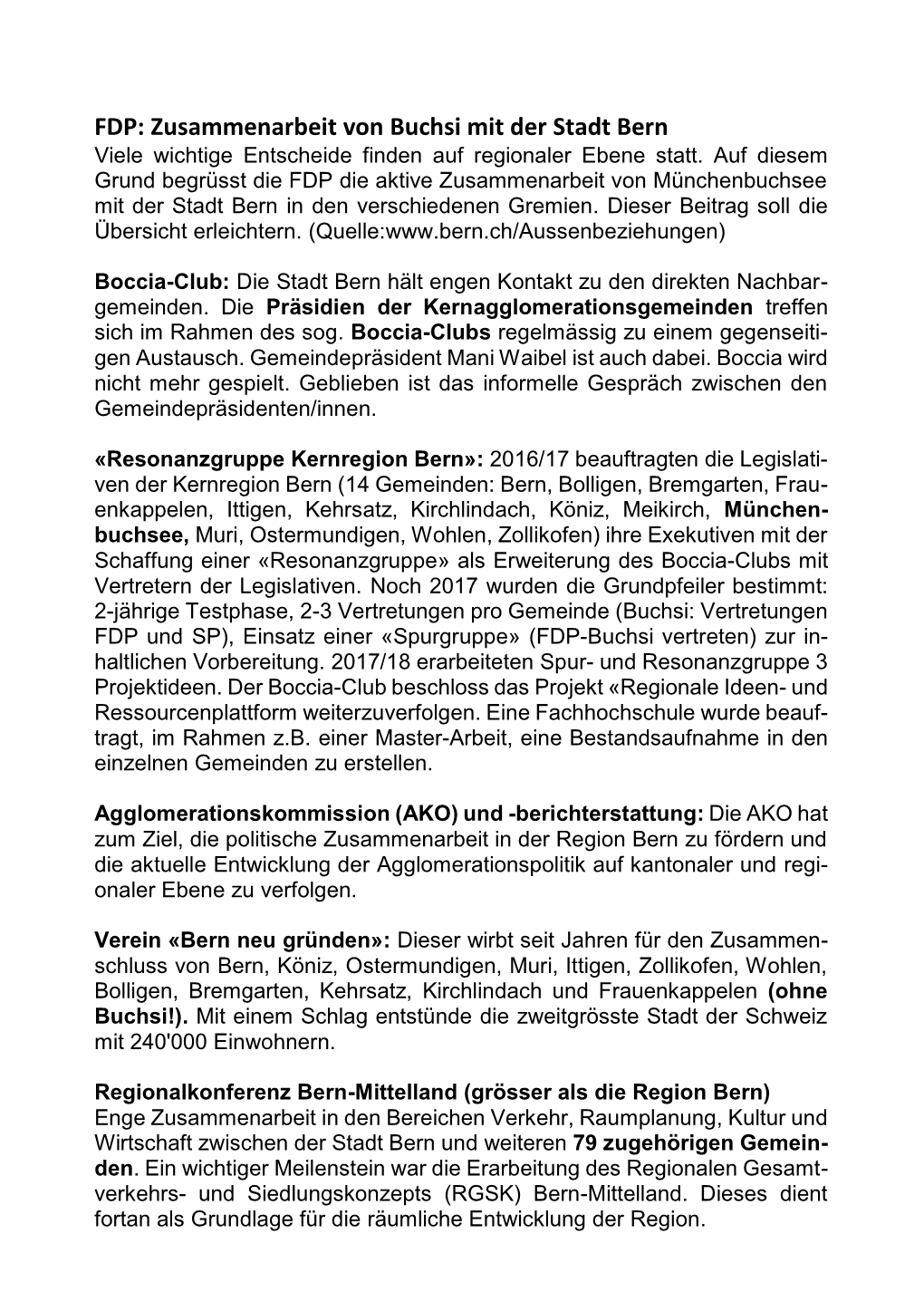 Zusammenarbeit Von Buchsi Mit Der Stadt Bern Viele Wichtige Entscheide Finden Auf Regionaler Ebene Statt
