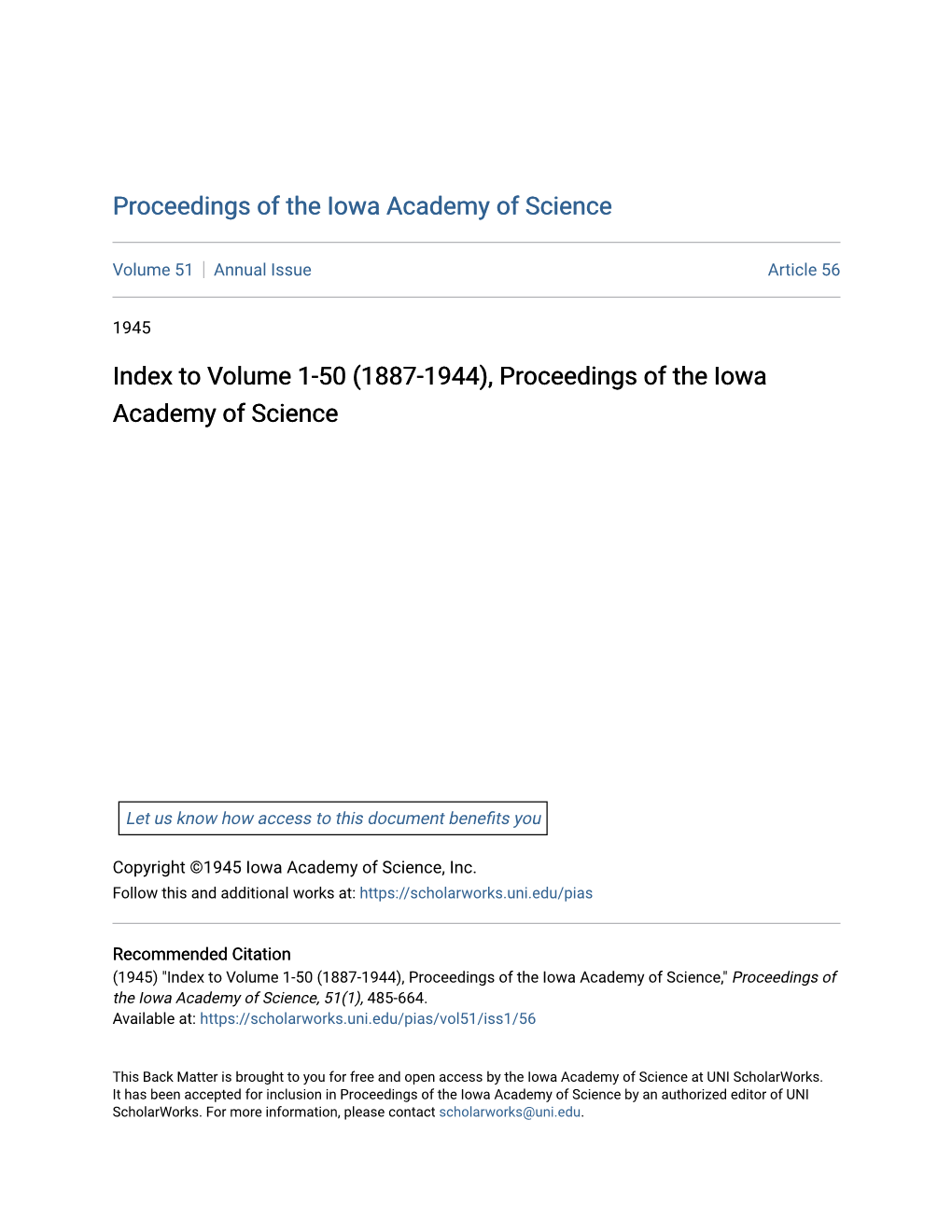 To Volume 1-50 (1887-1944), Proceedings of the Iowa Academy of Science