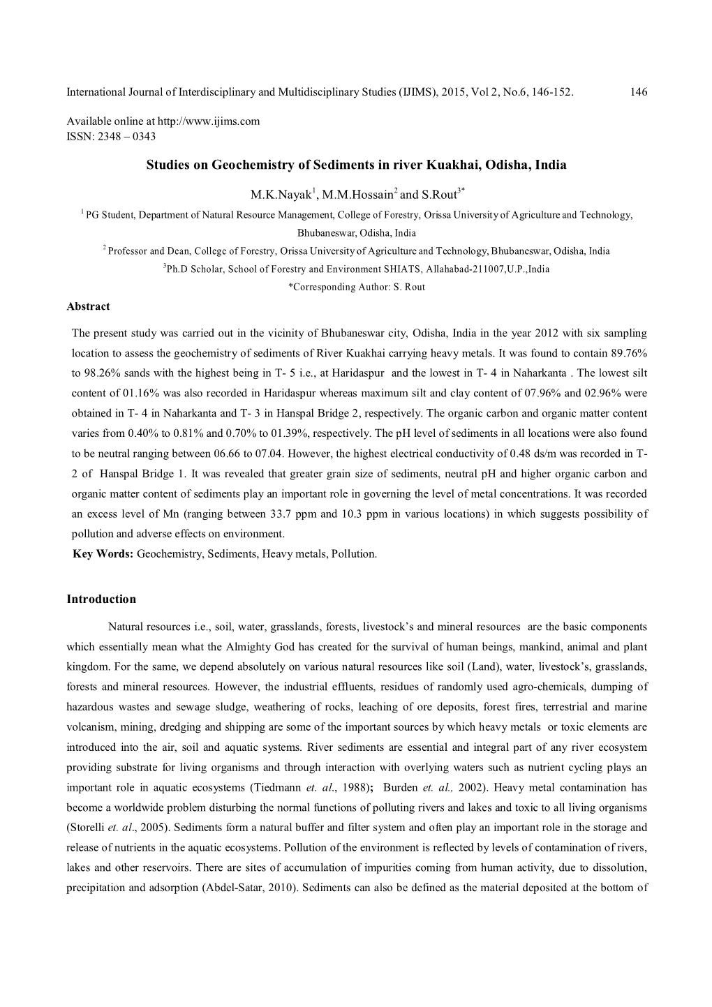 Studies on Geochemistry of Sediments in River Kuakhai, Odisha, India