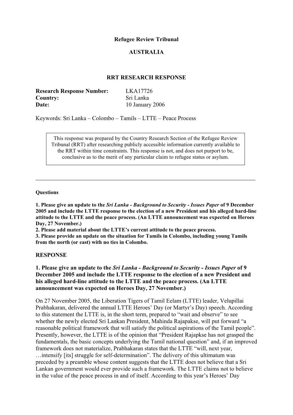 Title: Sri Lanka – Colombo – Tamils – LTTE – Peace Process