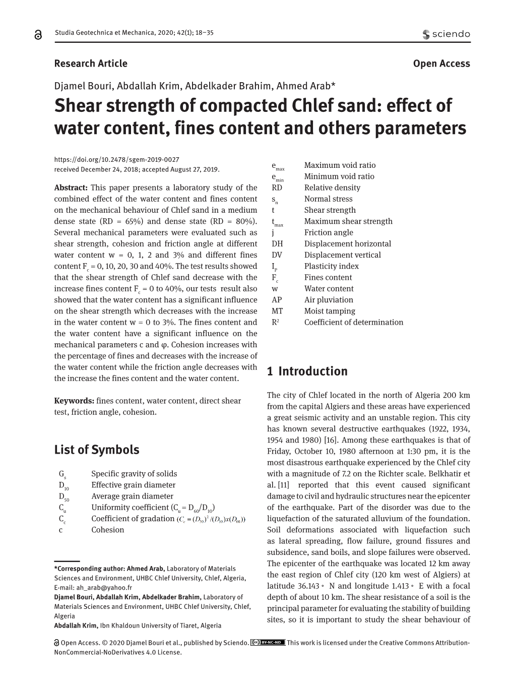 Shear Strength of Compacted Chlef Sand