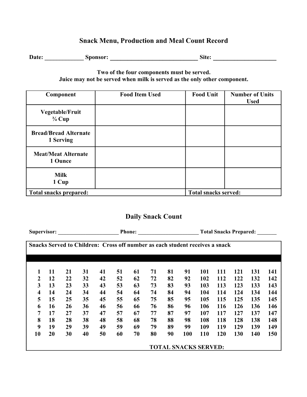 Snack Menu, Production and Meal Count Record