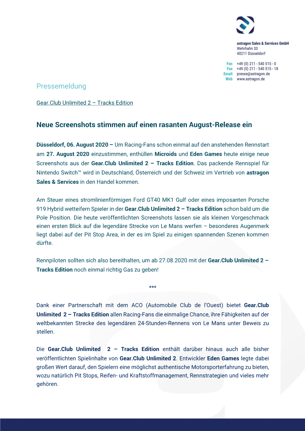 Pressemeldung Neue Screenshots Stimmen Auf Einen Rasanten August-Release