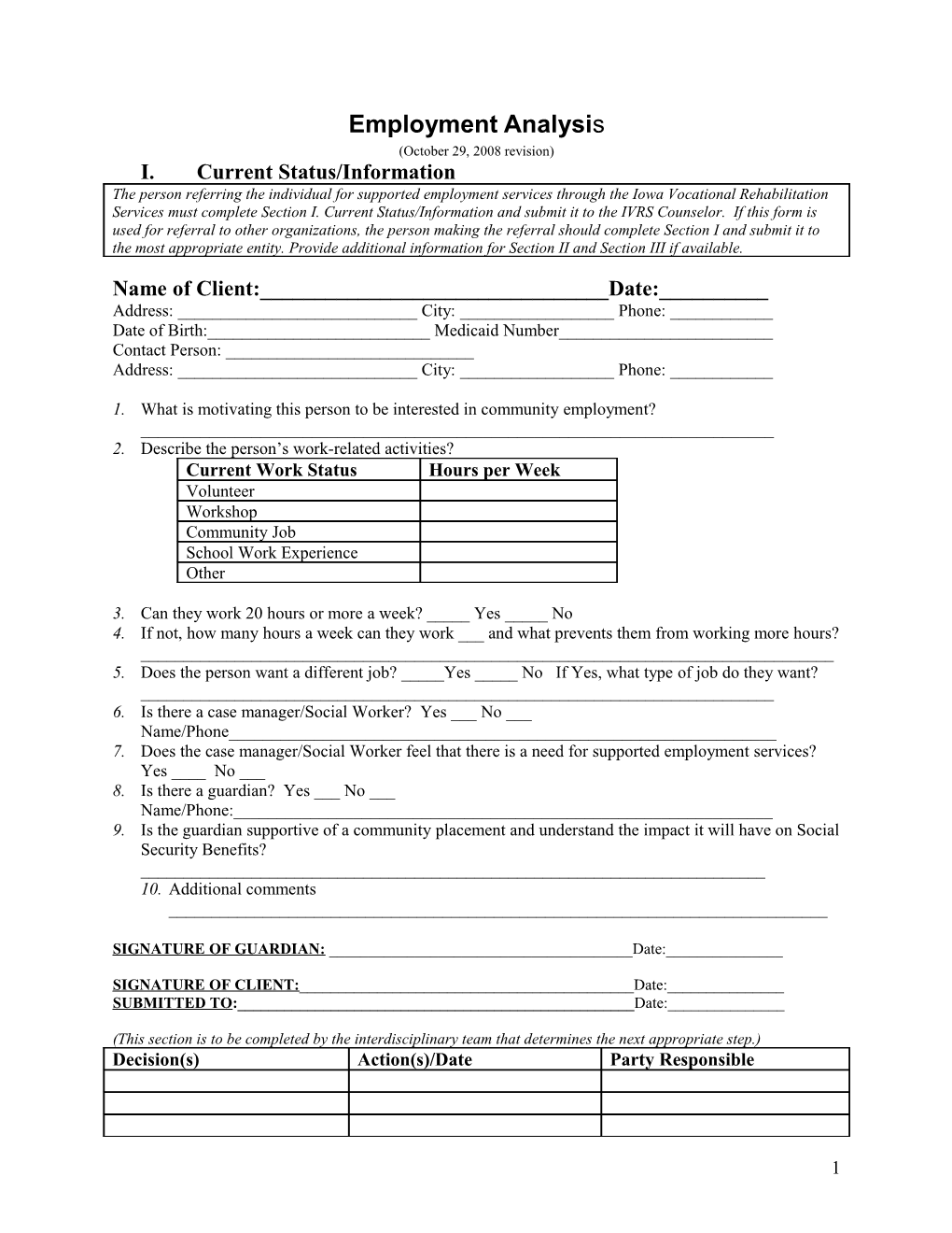 Supported Employment Readiness Analysis