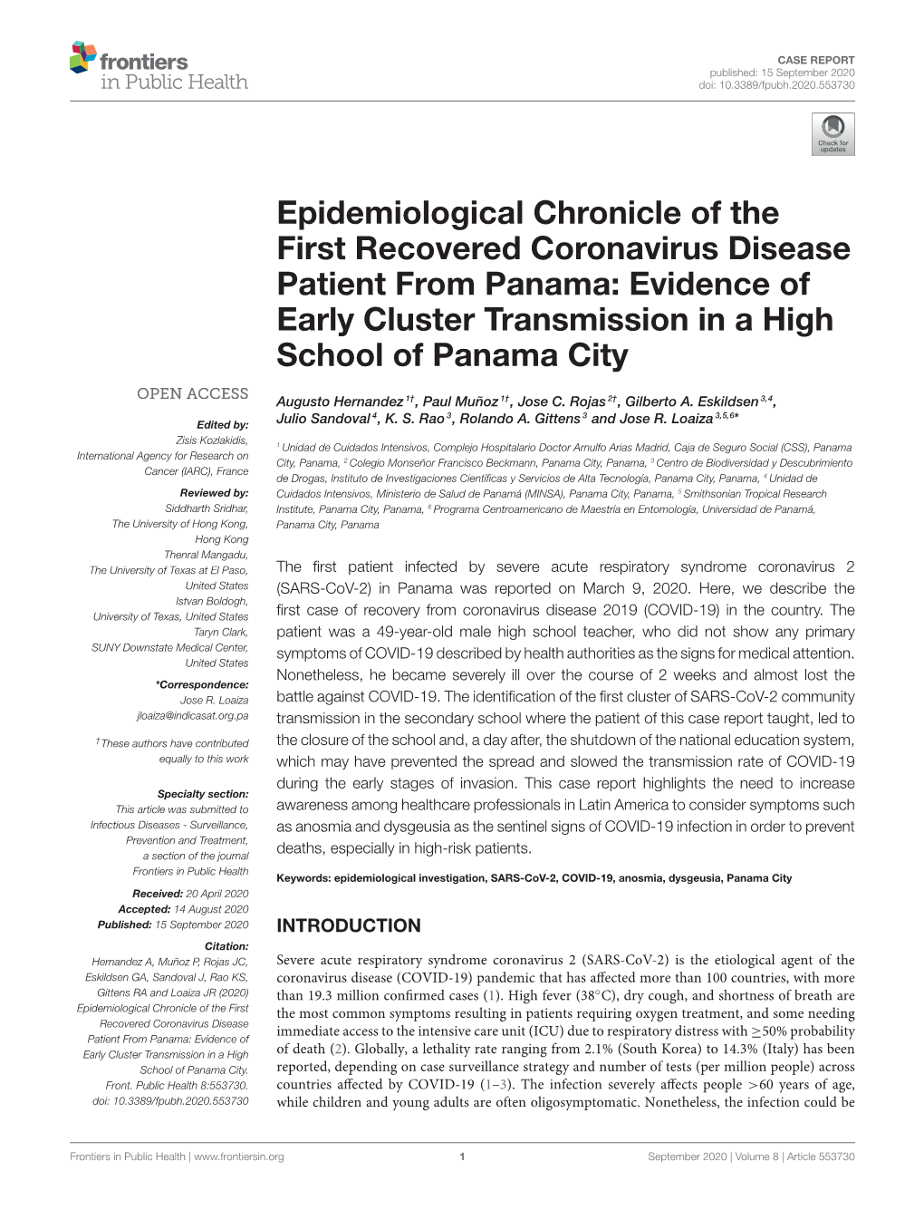 Epidemiological Chronicle of the First Recovered Coronavirus Disease Patient from Panama: Evidence of Early Cluster Transmission in a High School of Panama City