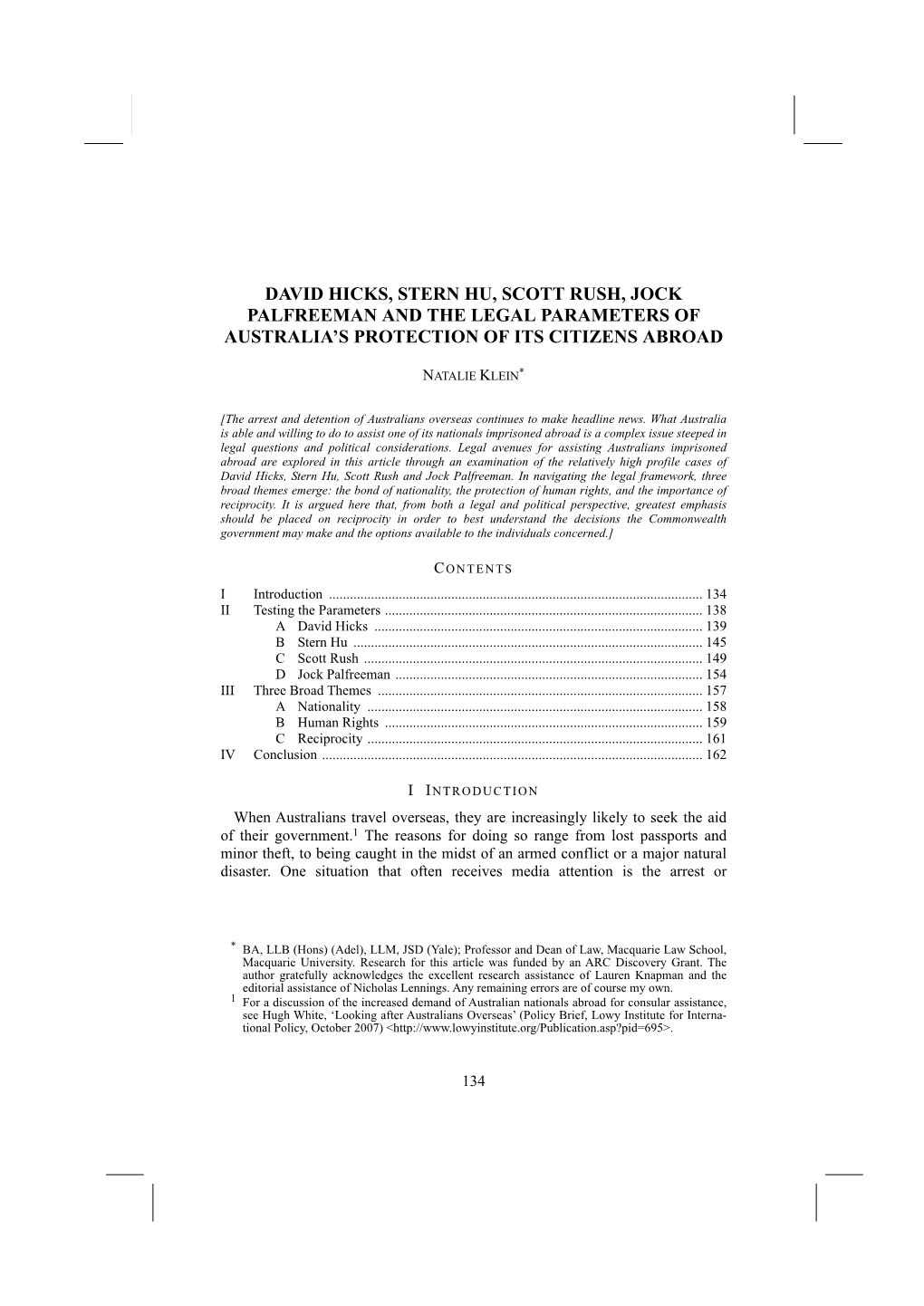 David Hicks, Stern Hu, Scott Rush, Jock Palfreeman and the Legal Parameters of Australia’S Protection of Its Citizens Abroad