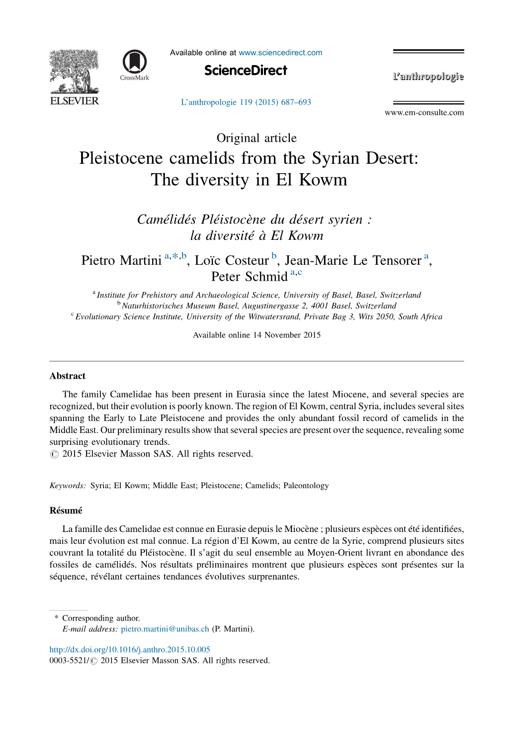 Pleistocene Camelids from the Syrian Desert: the Diversity in El Kowm