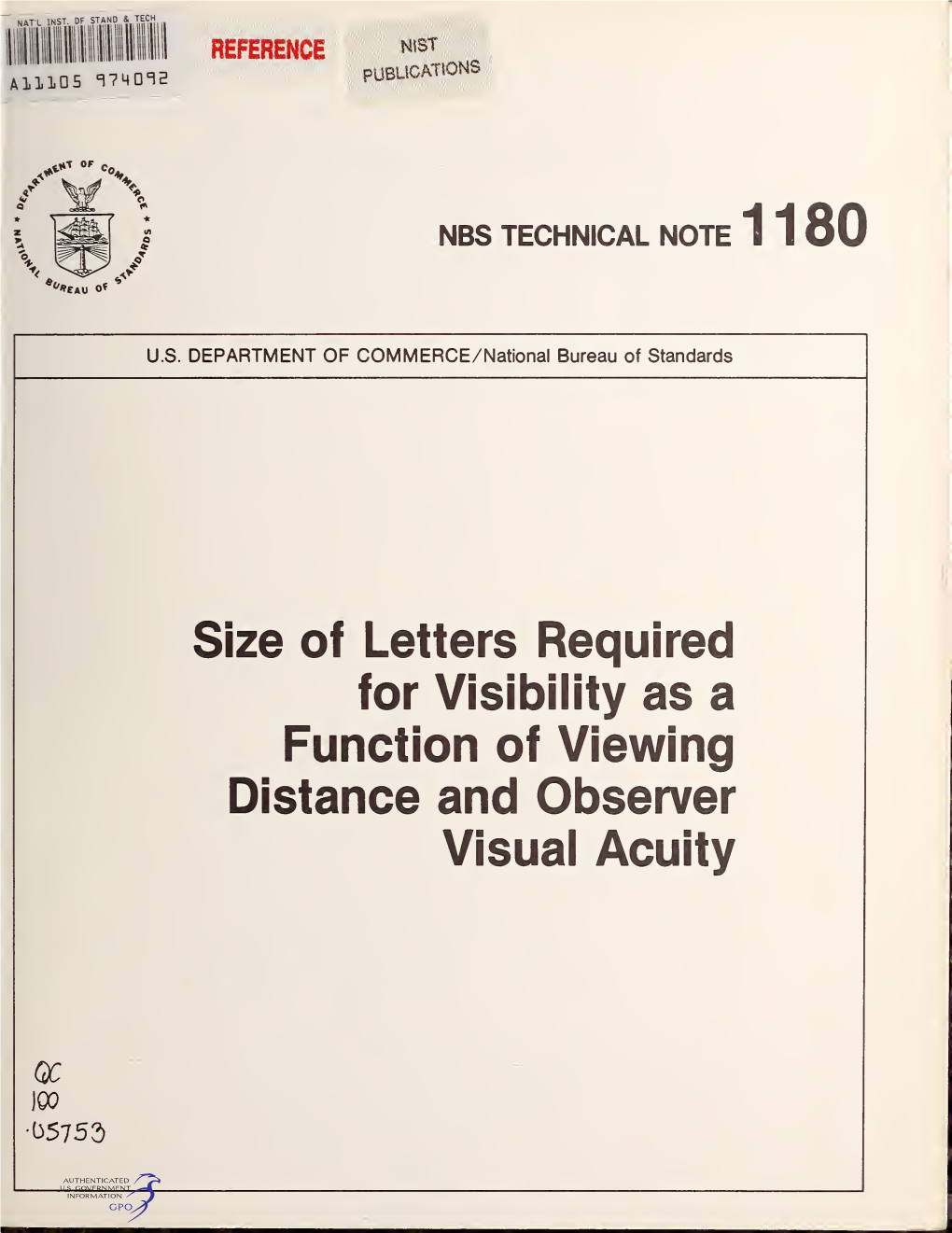 Size of Letters Required for Visibility As a Function of Viewing Distance and Observer Visual Acuity