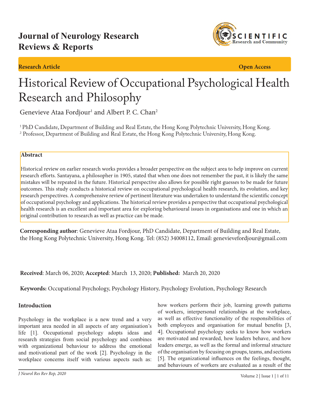 Historical Review of Occupational Psychological Health Research and Philosophy Genevieve Ataa Fordjour1 and Albert P