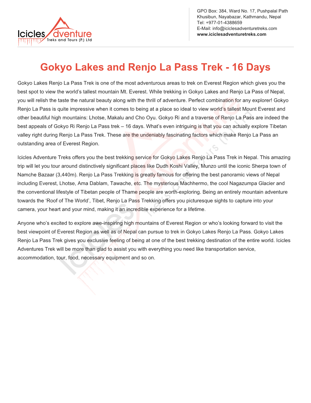 Gokyo Lakes and Renjo La Pass Trek - 16 Days
