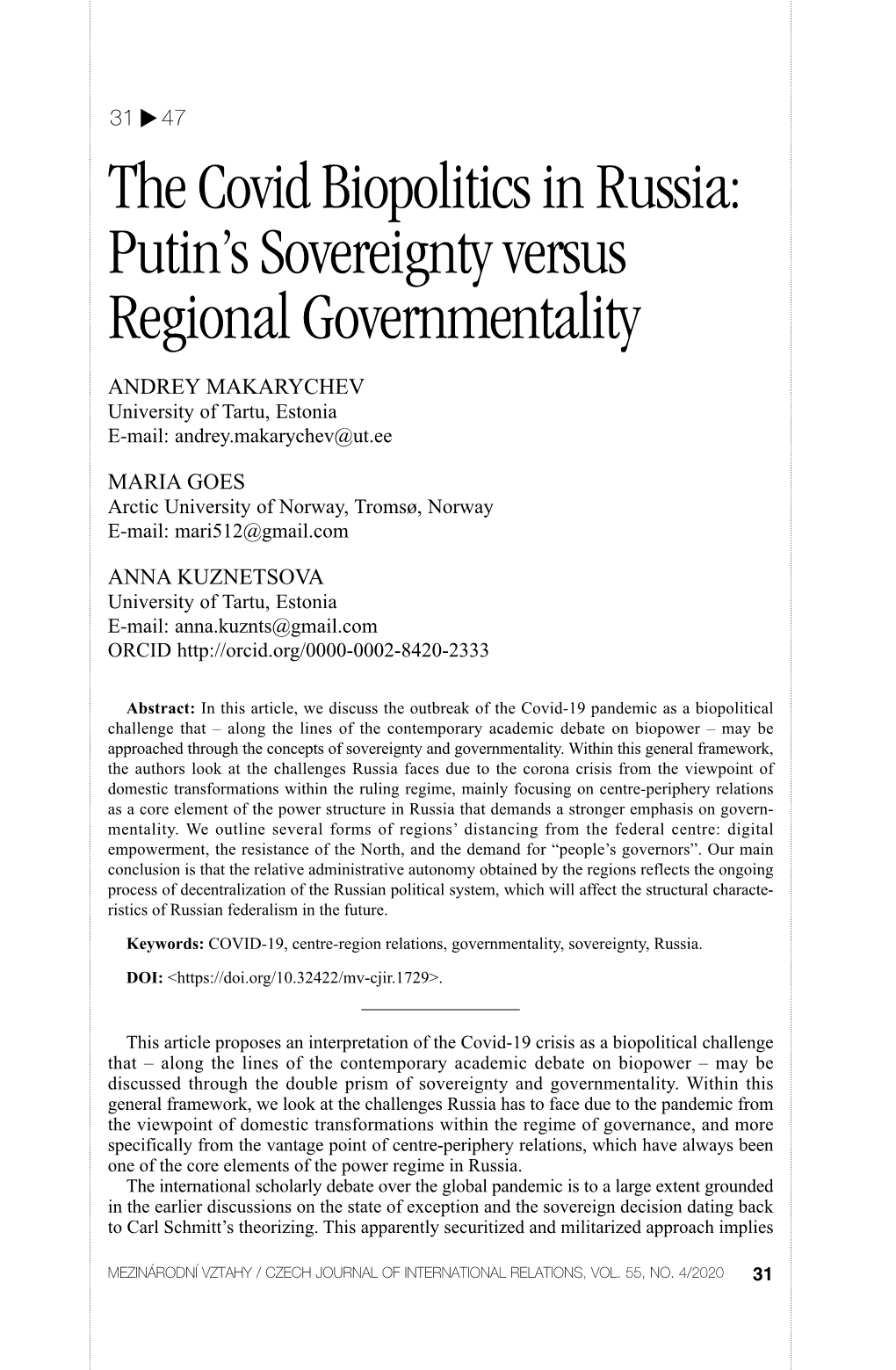 The Covid Biopolitics in Russia: Putin's Sovereignty Versus