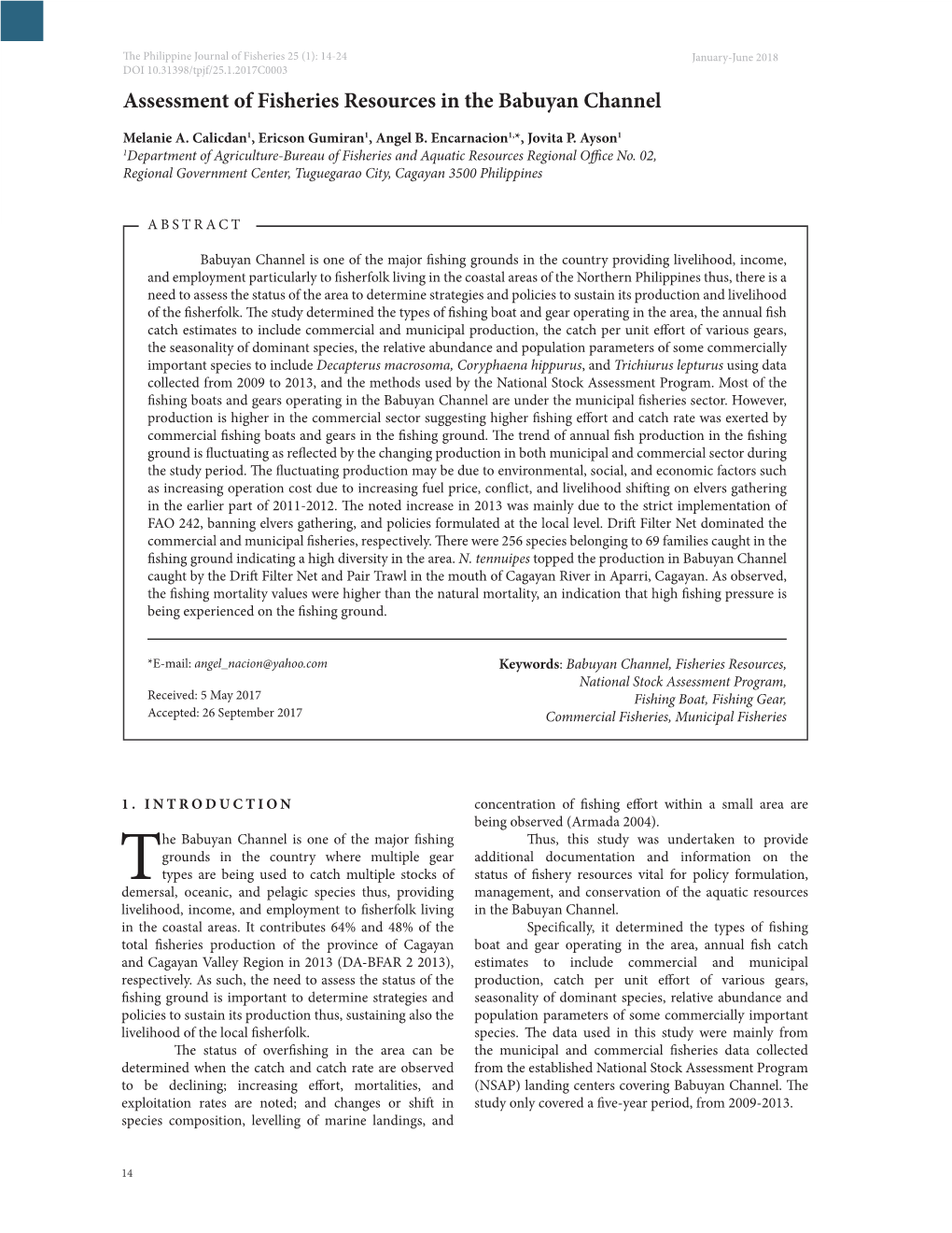 Assessment of Fisheries Resources in the Babuyan Channel