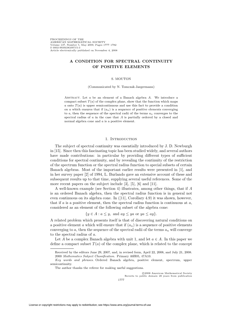 A Condition for Spectral Continuity of Positive Elements